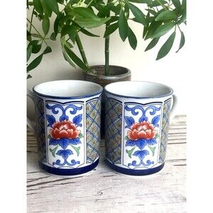 Vintage White Lotus Asian Style Ornate Floral Design Stoneware Mugs (Set Of 2)